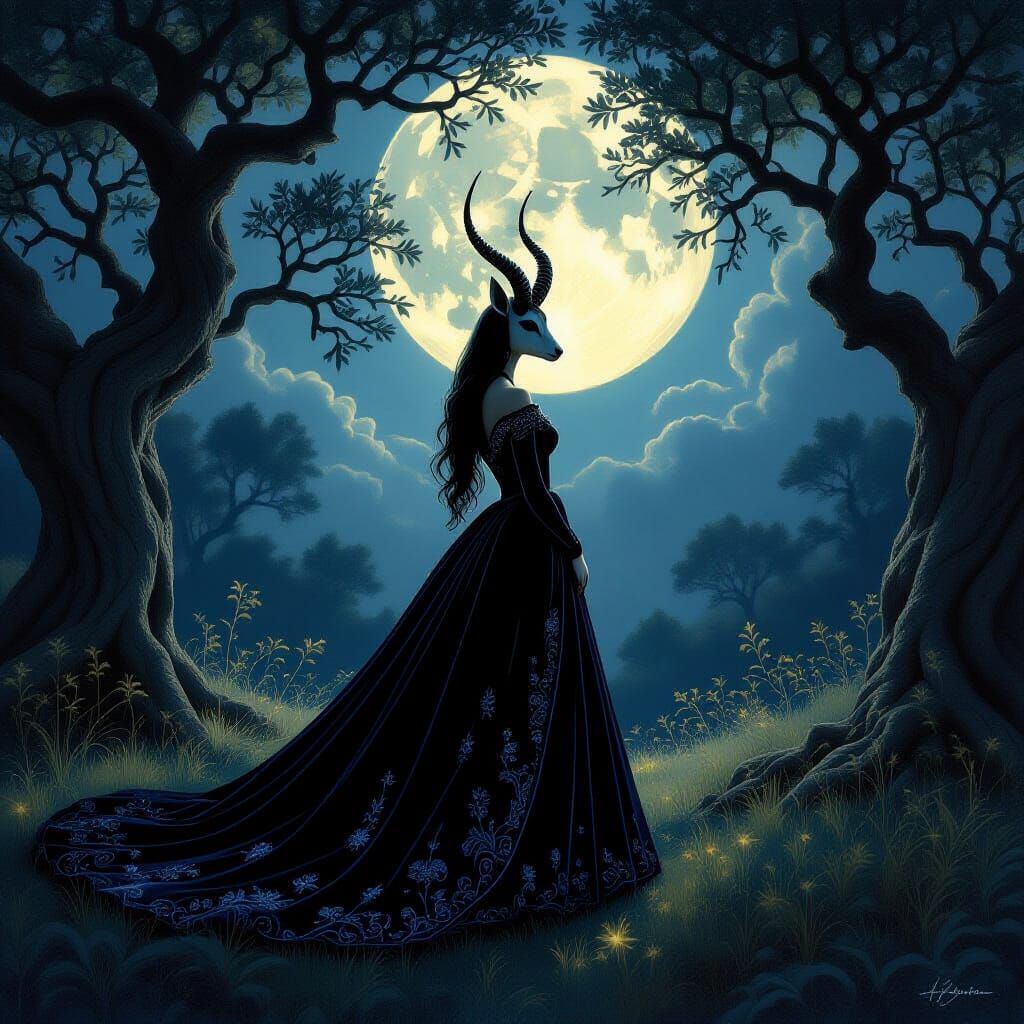 Antelope in Celestial Gown in Moonlit Glade
