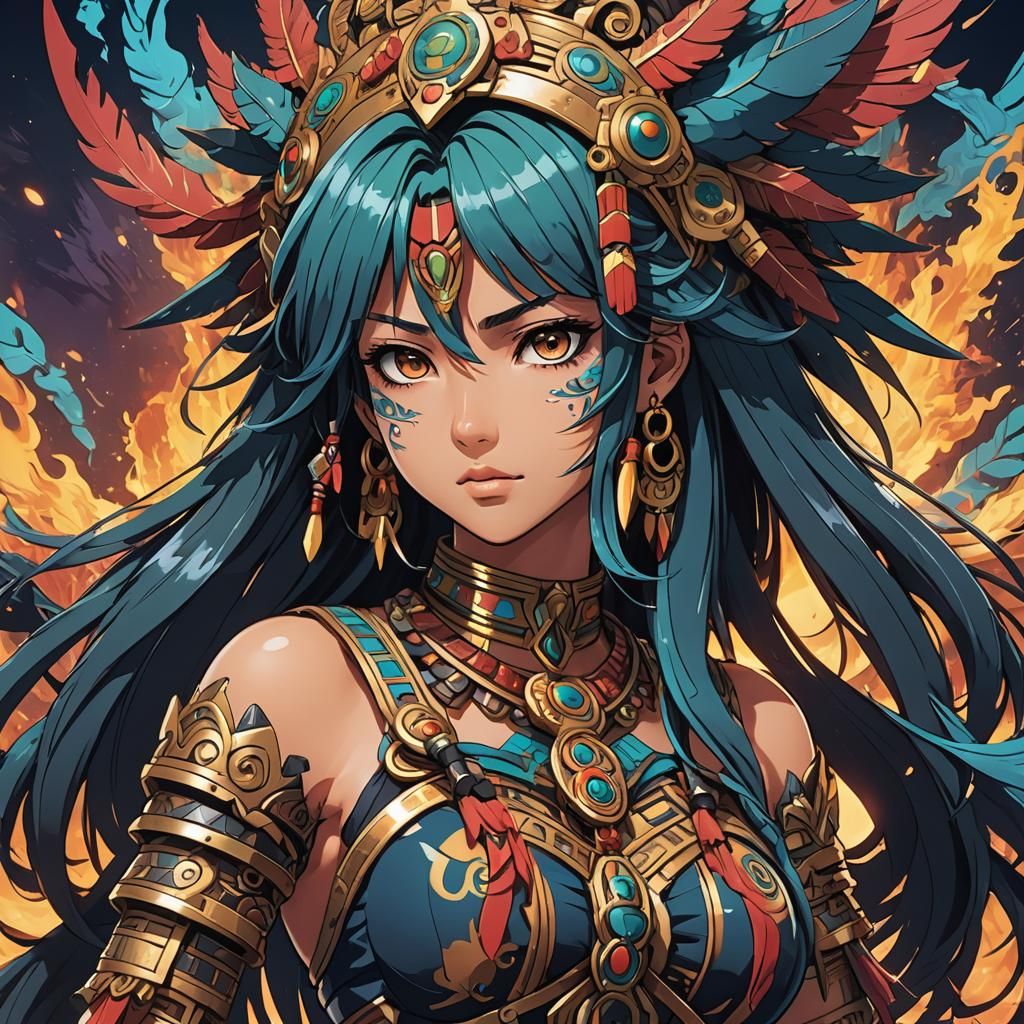 Anime Girl Tezcatlipoca in Cel-Shaded Style