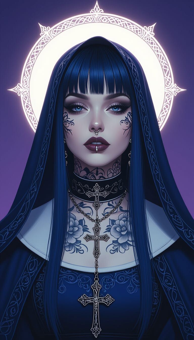 Gothic Nun with Tattoos and Halo in Digital Art
