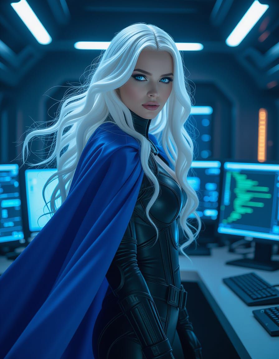 Cybernetic Woman with Flowing Hair in Futuristic Setting