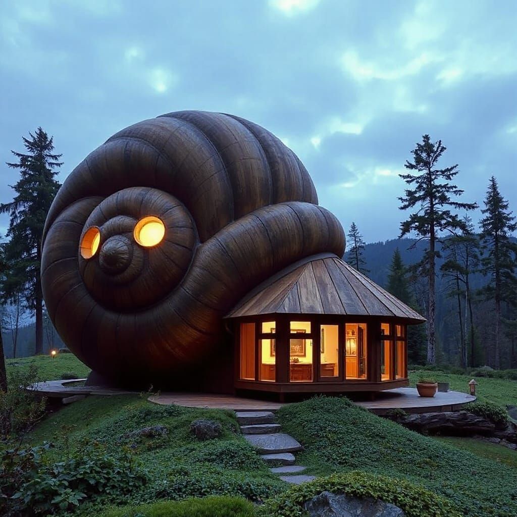 Giant Redwood Snail Shell Temple in Ghibli Style