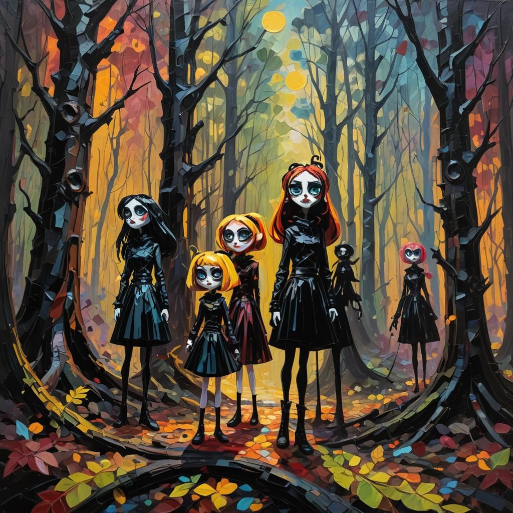 Gothic Powerpuff Girls in Neo-Expressionist Style