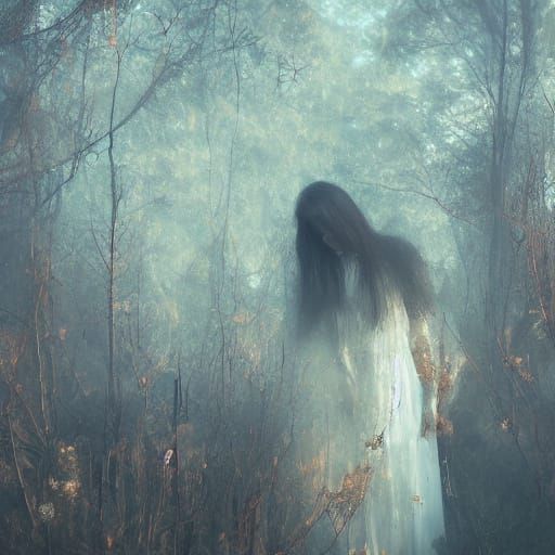 Ethereal Portrait of a Woman Emerging from Fog in a Rose Gar...