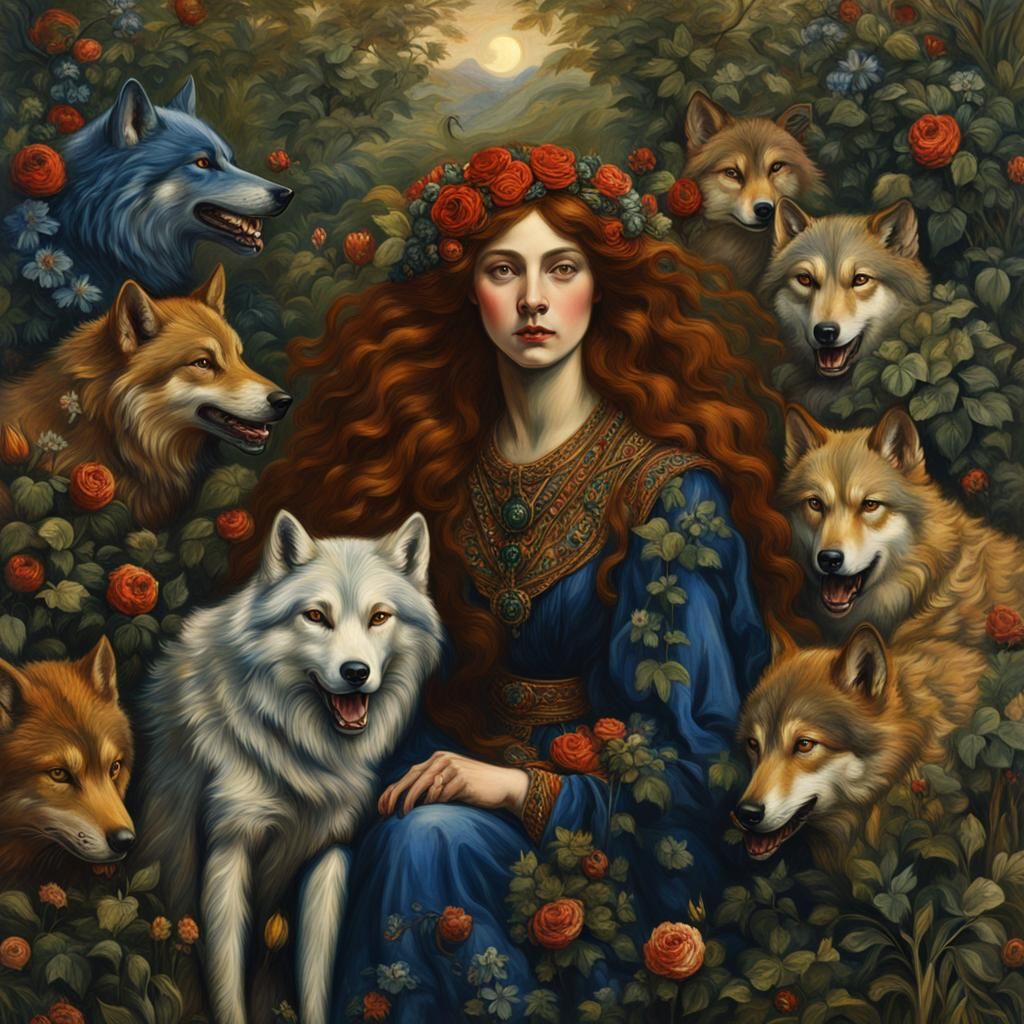 Wolf Woman in Pre-Raphaelite Oil Painting Style