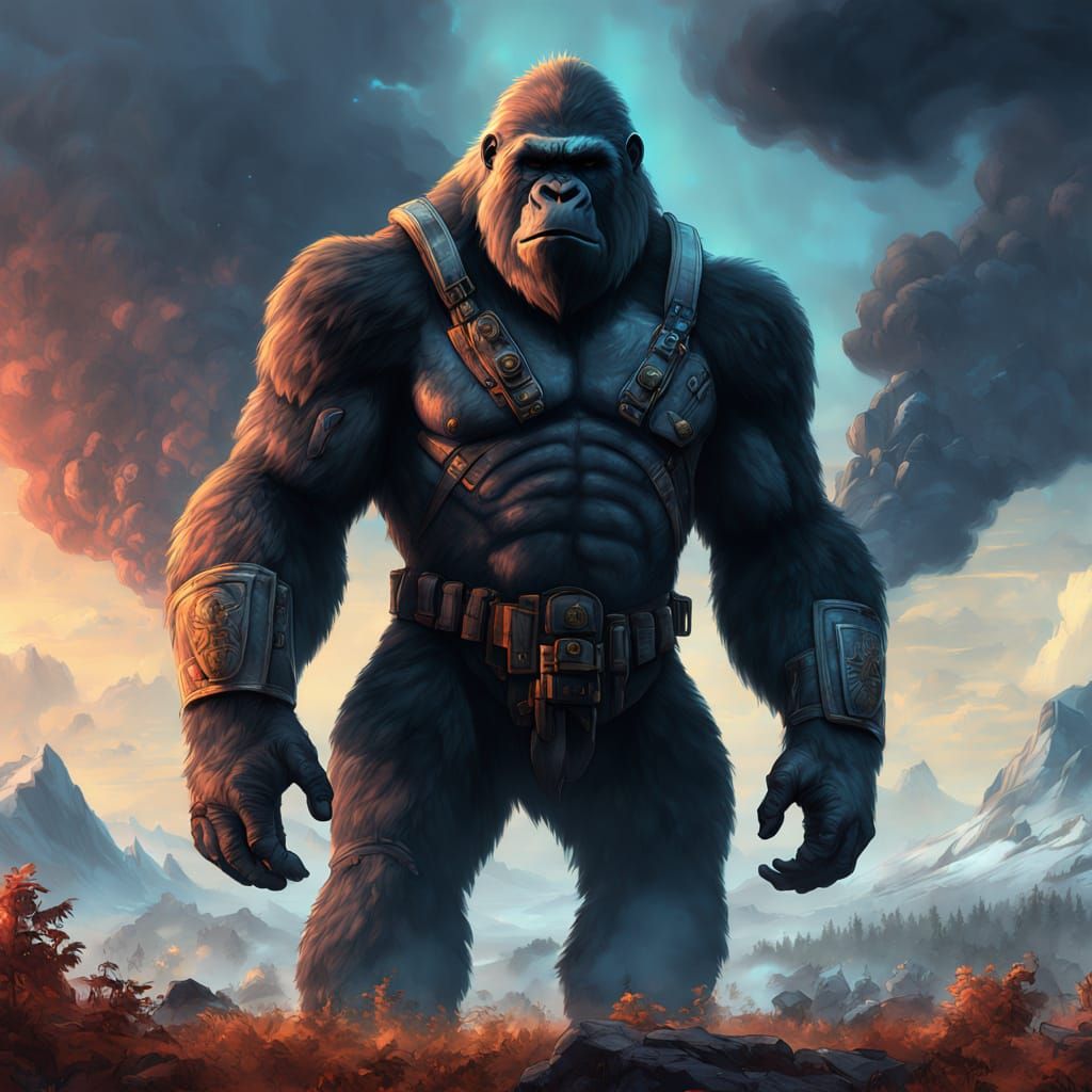 Epic Gorilla War Deity Battles in a Vibrant, Ethereal Landsc...