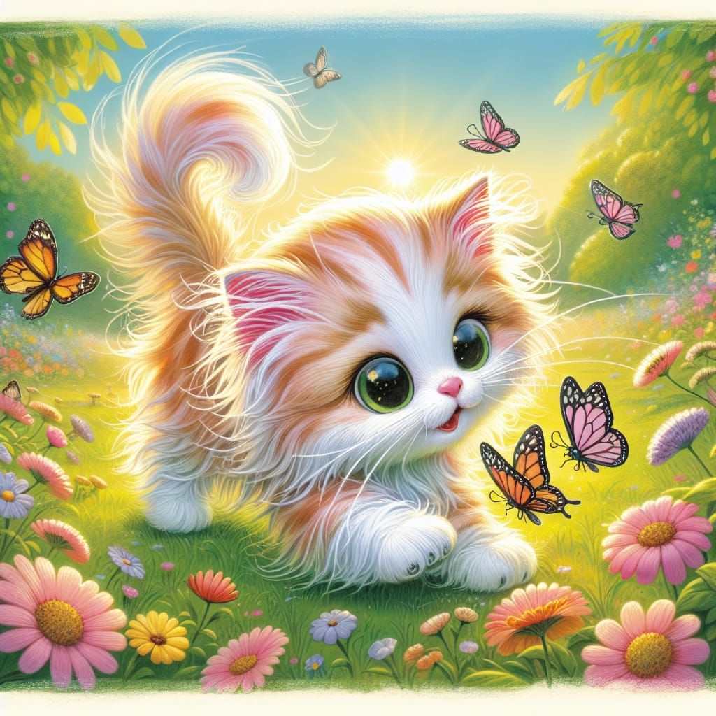 Whimsical Summer Meadow Scene with Playful Kitten