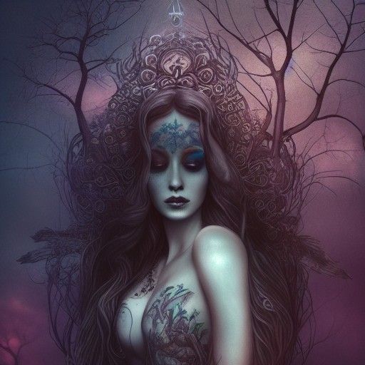 Glowing Tattooed Goddess in Graveyard, Maximalist Matte Pain...