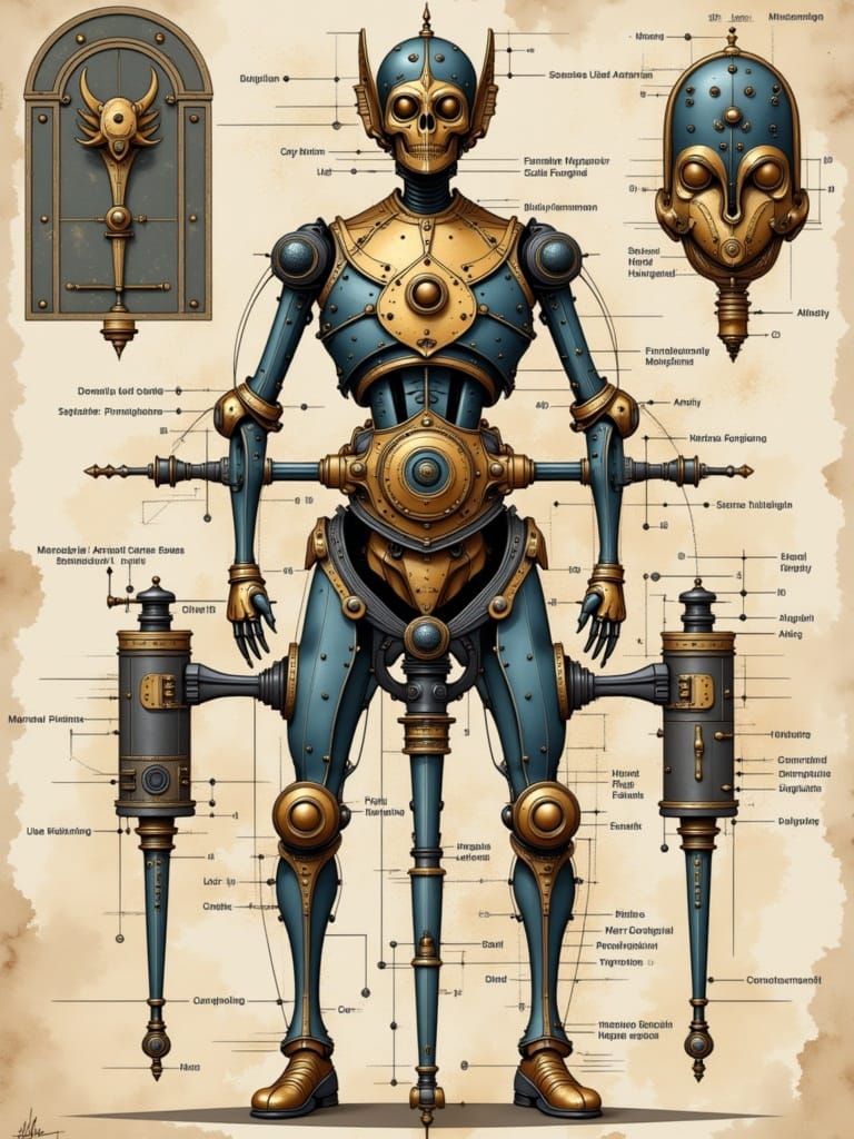 Design for a renaissance automaton on <lora:Parchment:1.0>