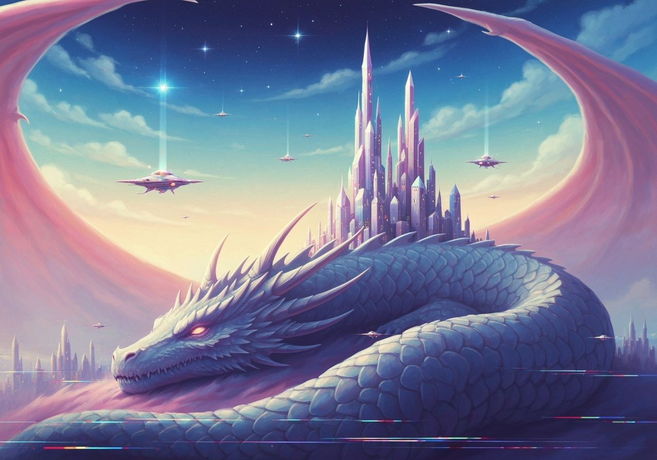 Cosmic Dragon Cityscape in Airbrush Style