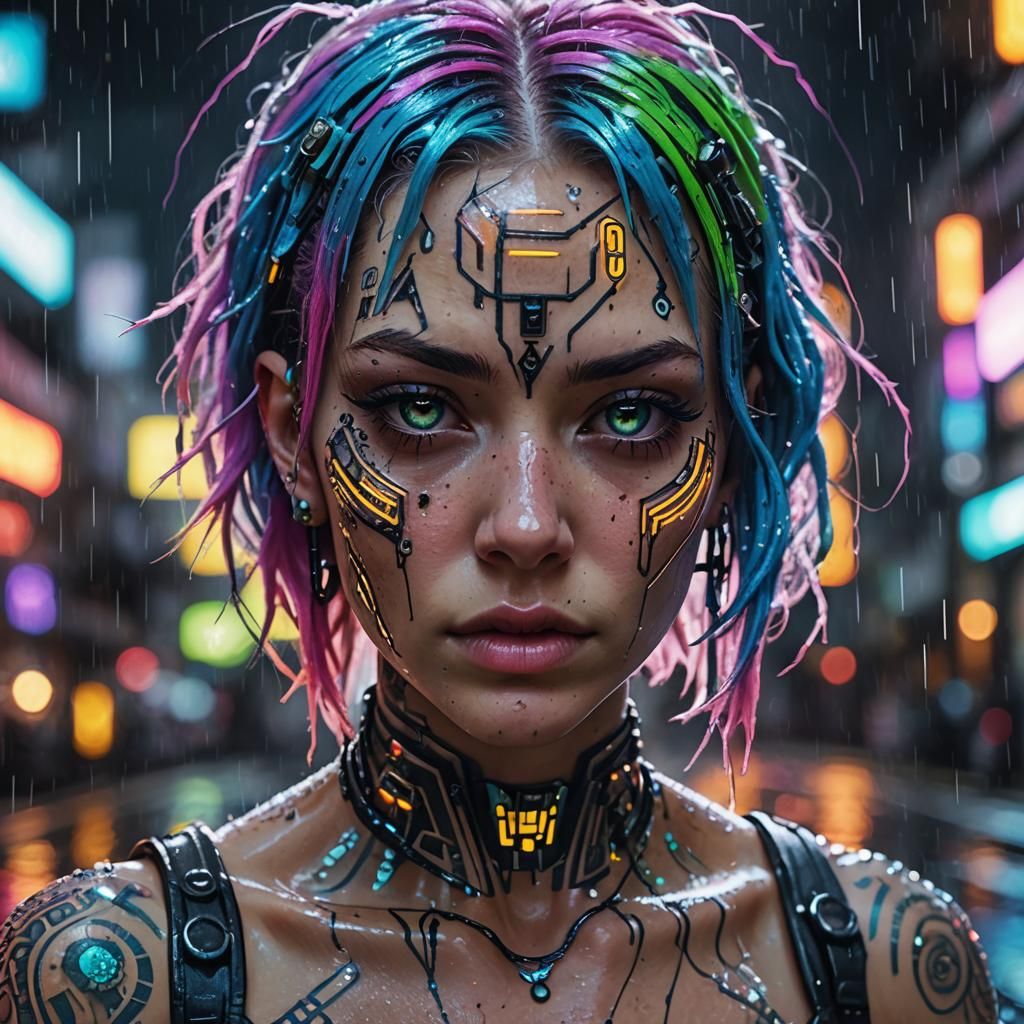 Cyberpunk Woman Portrait in Rainy City