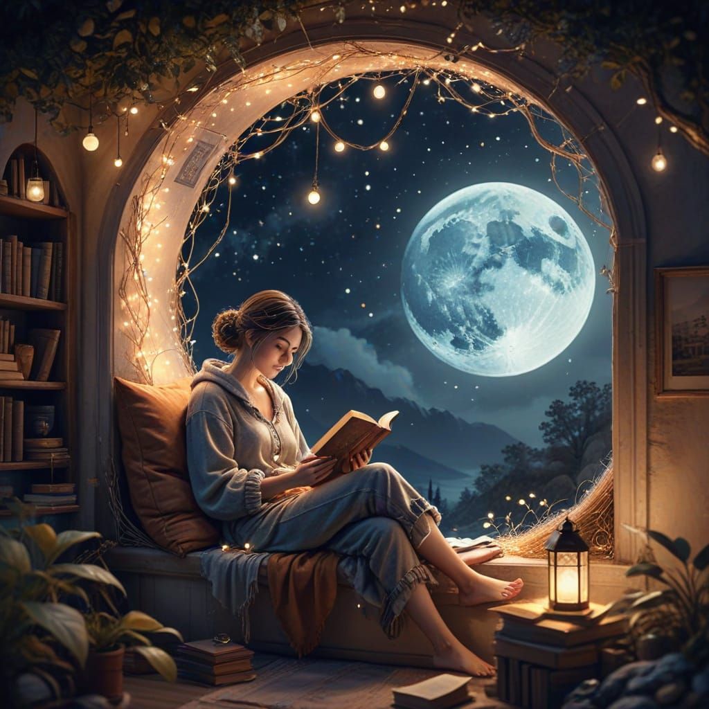Cozy Reading Nook Under the Moon