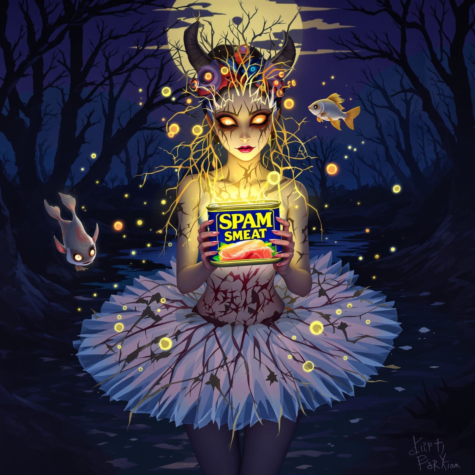 Ballerina with Radioactive SMEAT Can in Ethereal Swamp