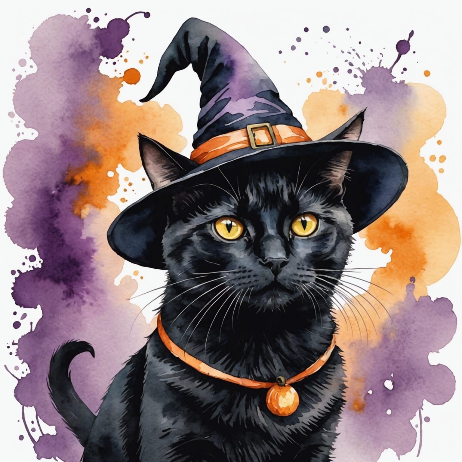 Black Cat in Witch Hat, Watercolor Style