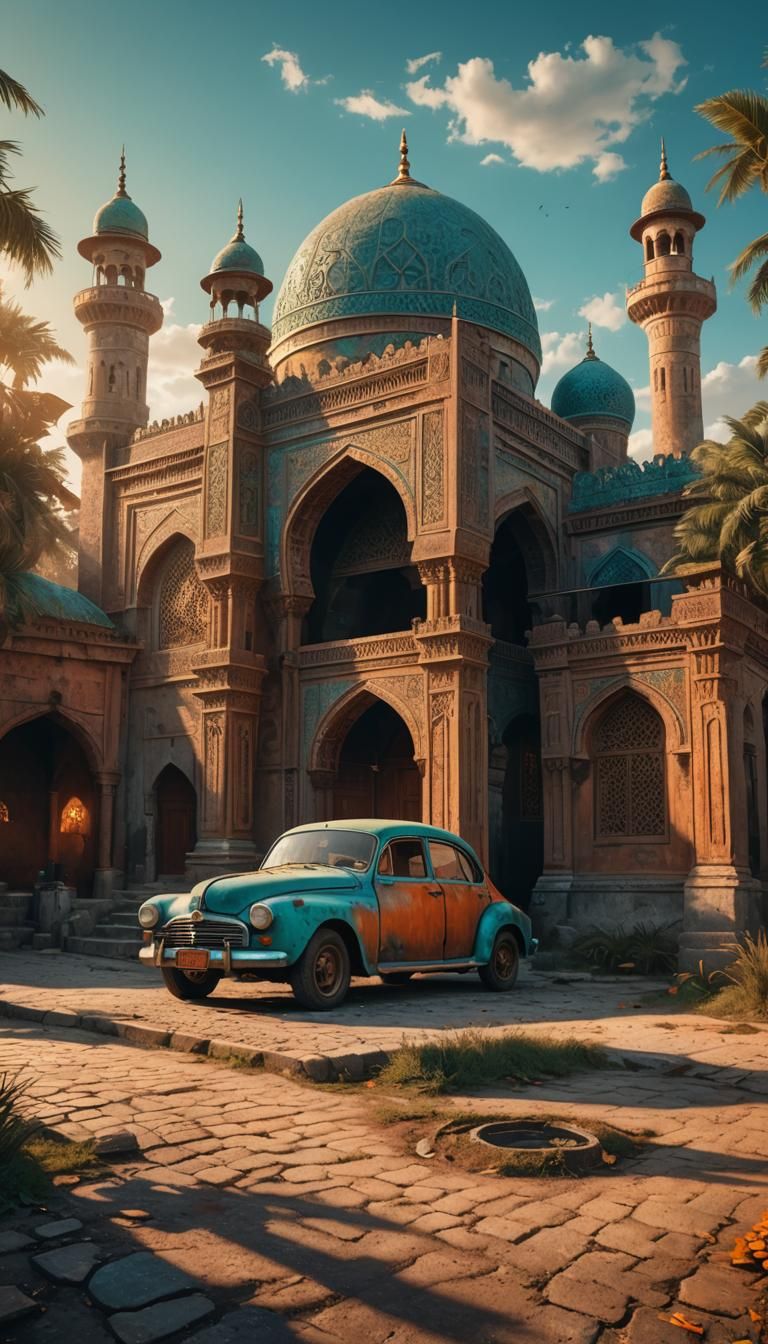 Fantasy Art of Rusty Car and Ancient Mosque