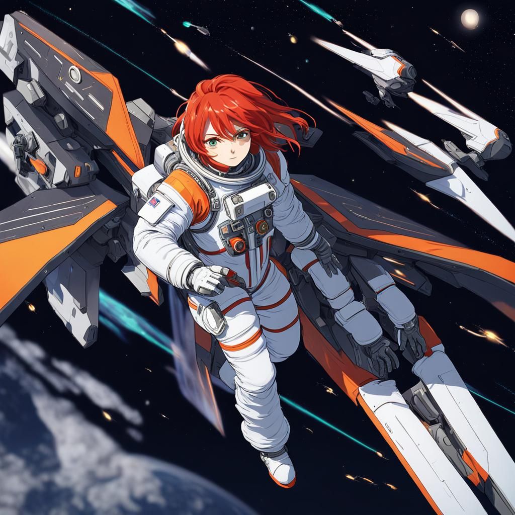Girl in Spacesuit on Gundam in Space