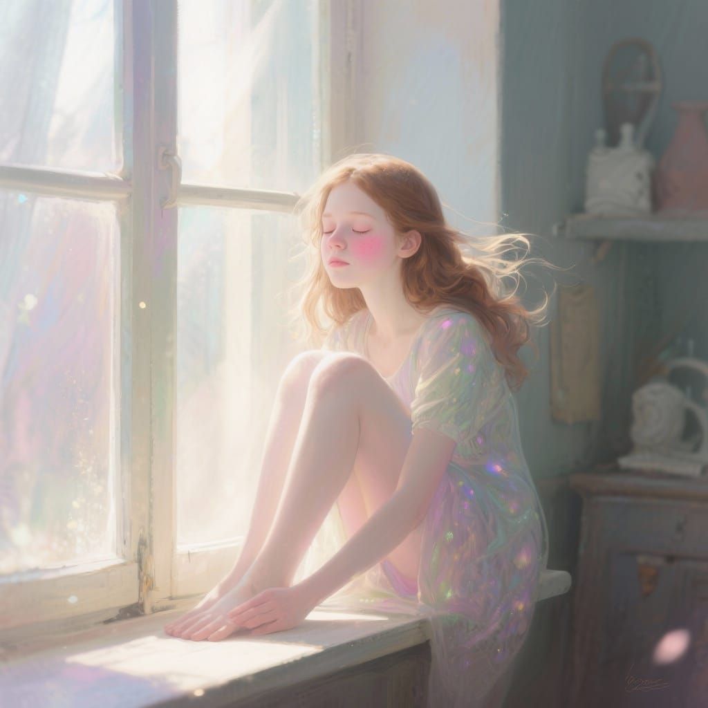 Woman Daydreaming in Ethereal Sunbeam