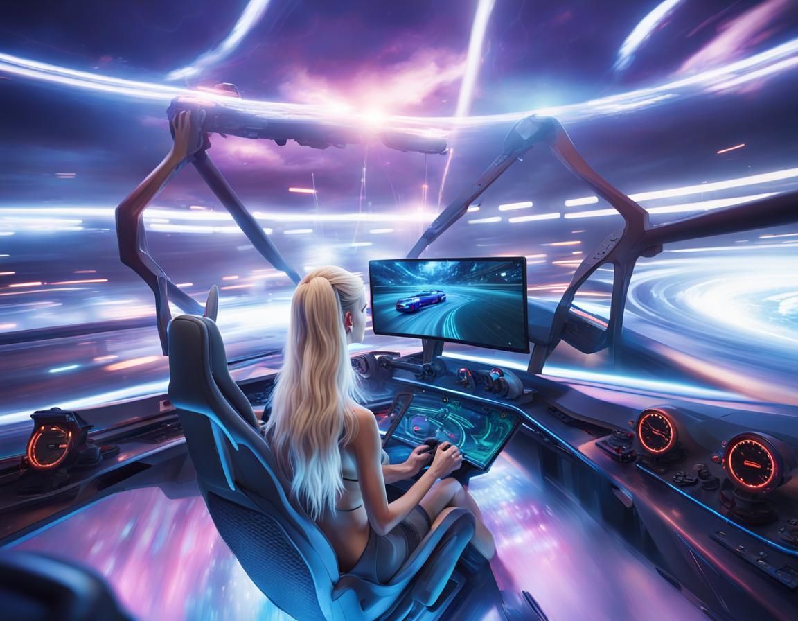 young woman playing video game on PC, both hands on Steering Wheel Joystick, beautiful, blond, hair, large curls, Close ...