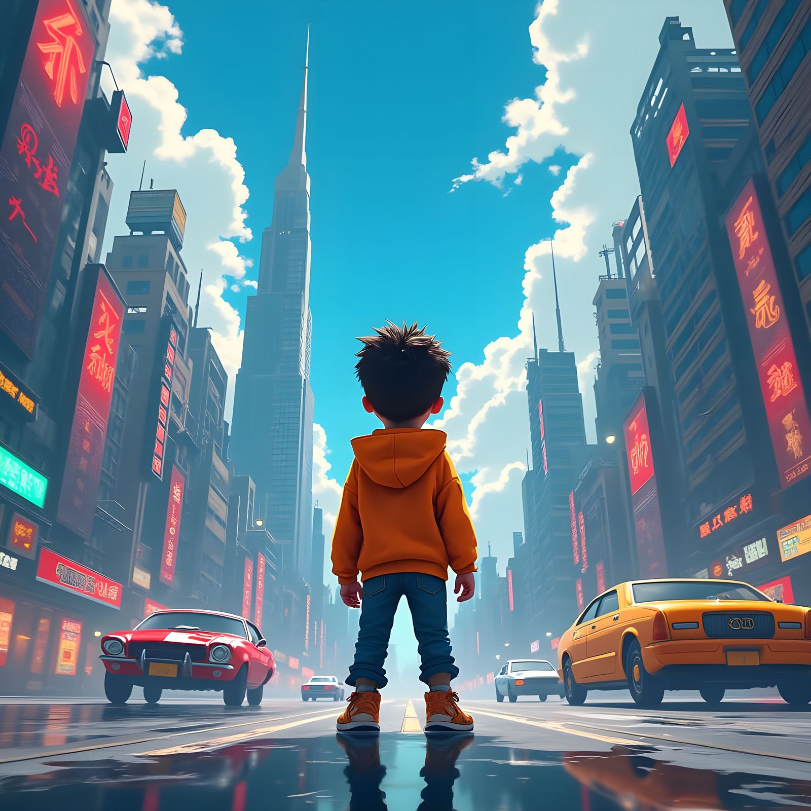 Child's Curious Gaze on a Busy City Road