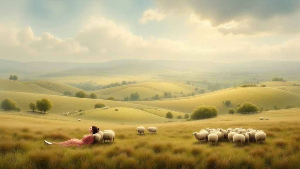 Pastoral Dreamscape with Sheep, Oil Painting Style