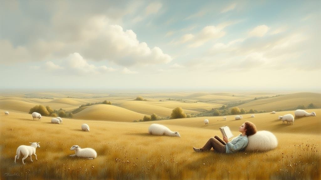 Dreamy Sheep Meadow in Oil Painting Style