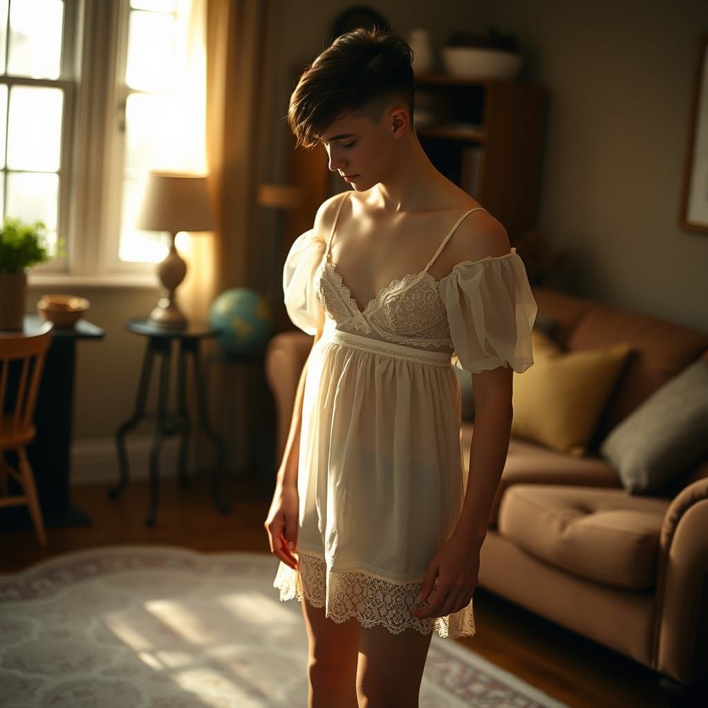 Young Man Contemplating in Babydoll and Heels