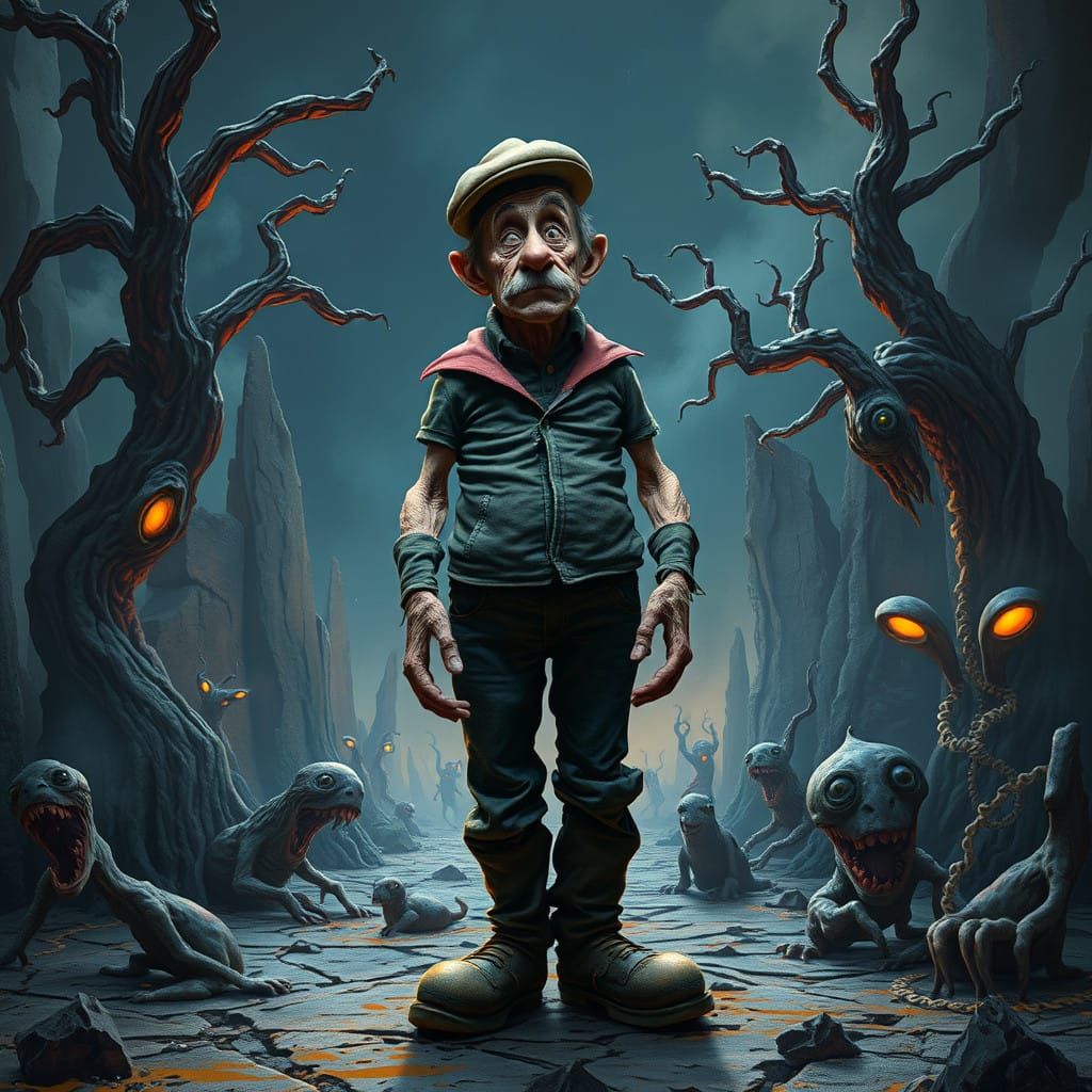 Popeye  in a desolate land of surreal intent and abstract mystery