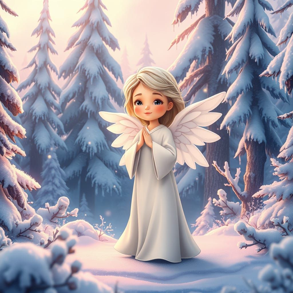 Surreal Cartoon Angel in a Winter Wonderland Landscape