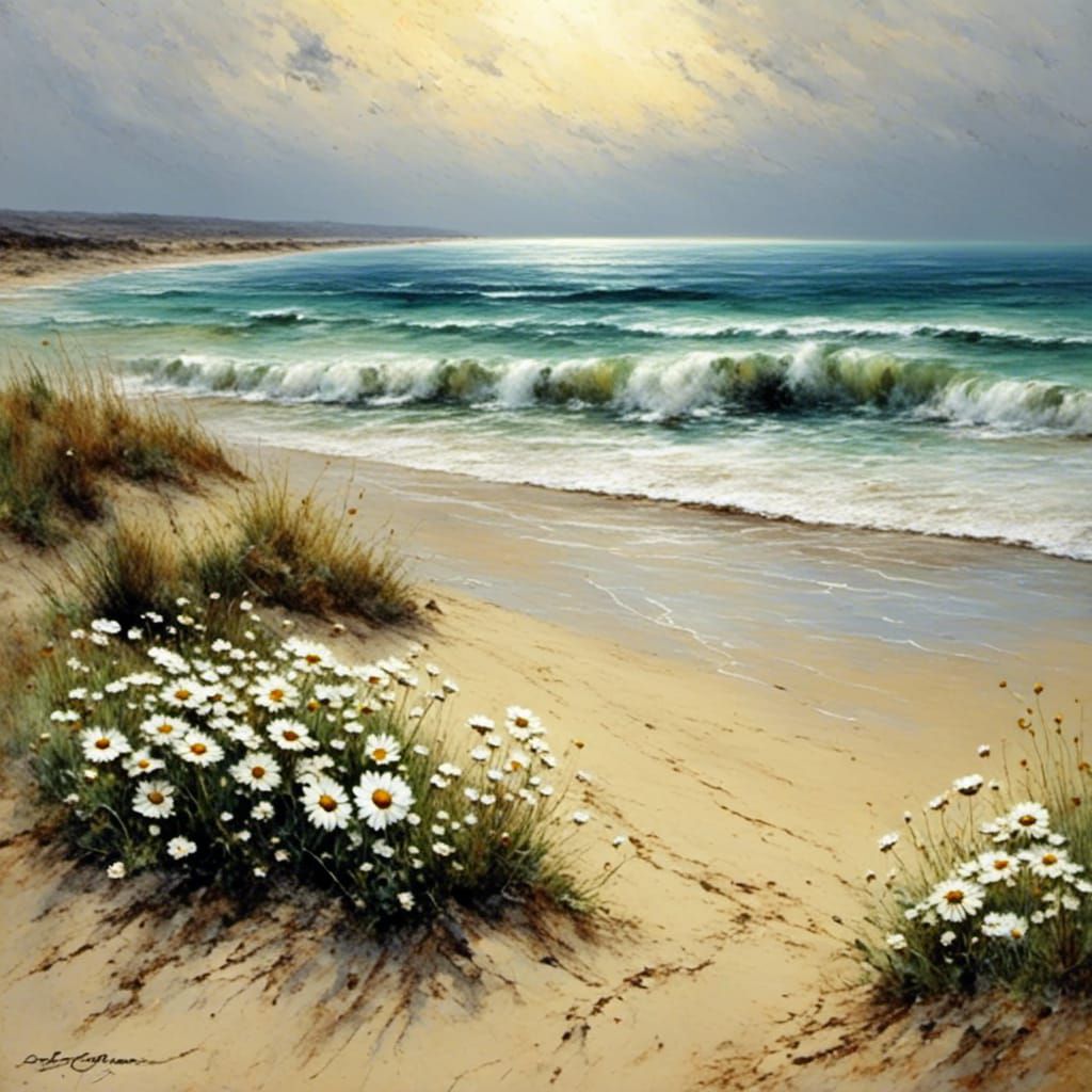 Peaceful Beach Scene with Daisies: Oil Painting