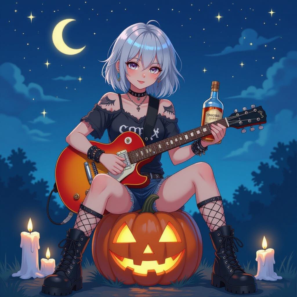 Emo Woman with Wing Tattoos on Pumpkin, Holding Guitar