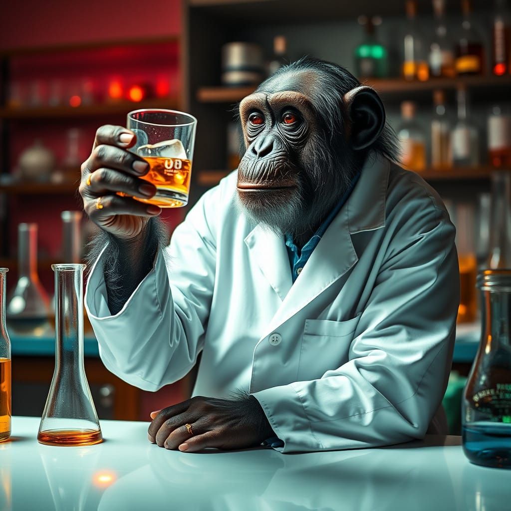 Chimpanzee Chemist Sips Whisky in a Chemistry Lab