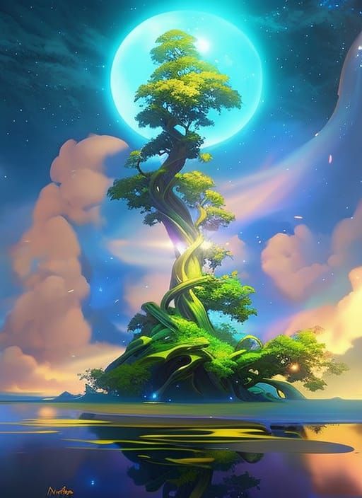 Enigmatic Miracle Tree in Starry Night - In Style of Artgerm, Wllop and Cyril Rolando II