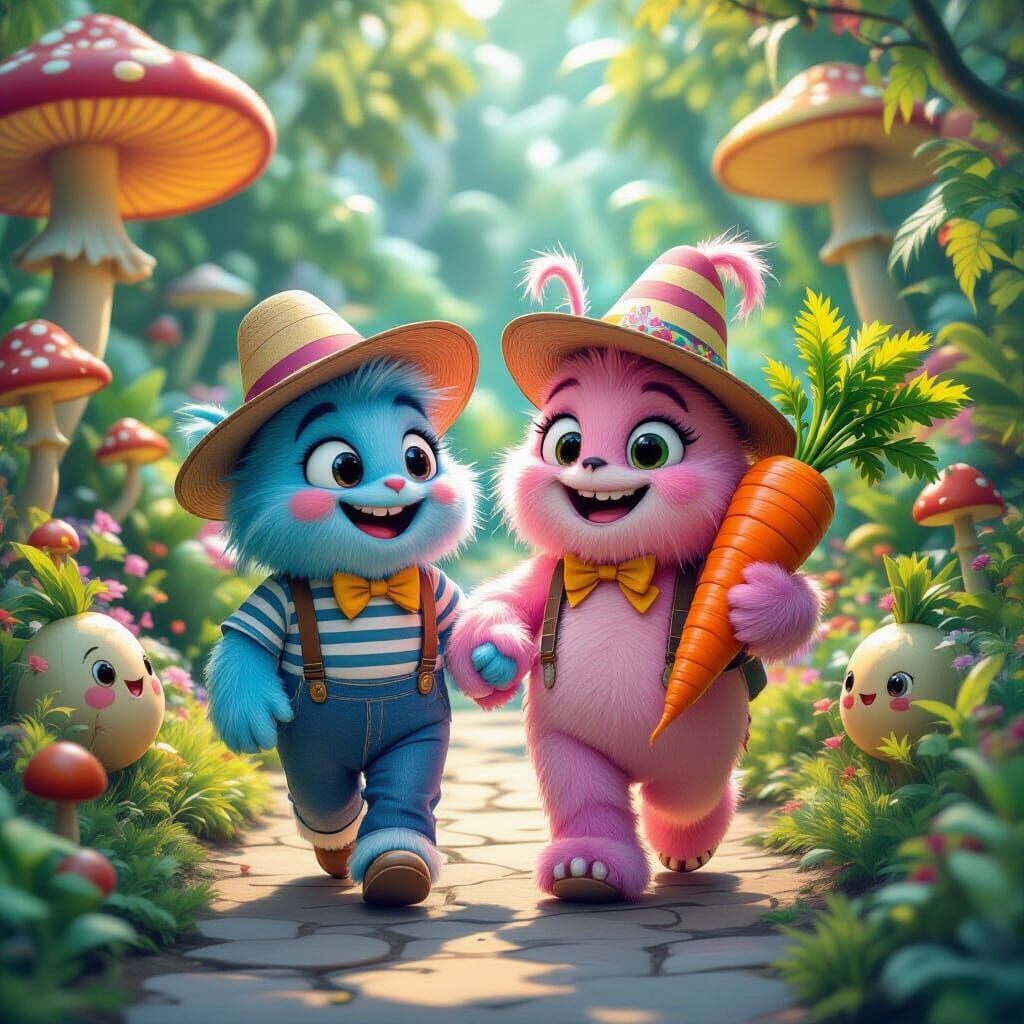 Bugs Bunny and Monster in Whimsical Garden Art Deco