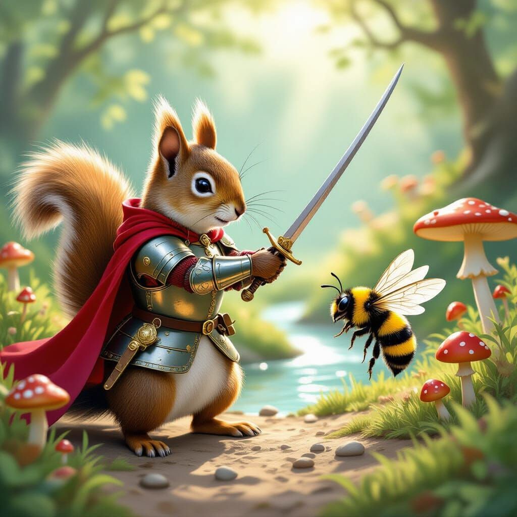Squirrel in Armor Fencing with Bumblebee