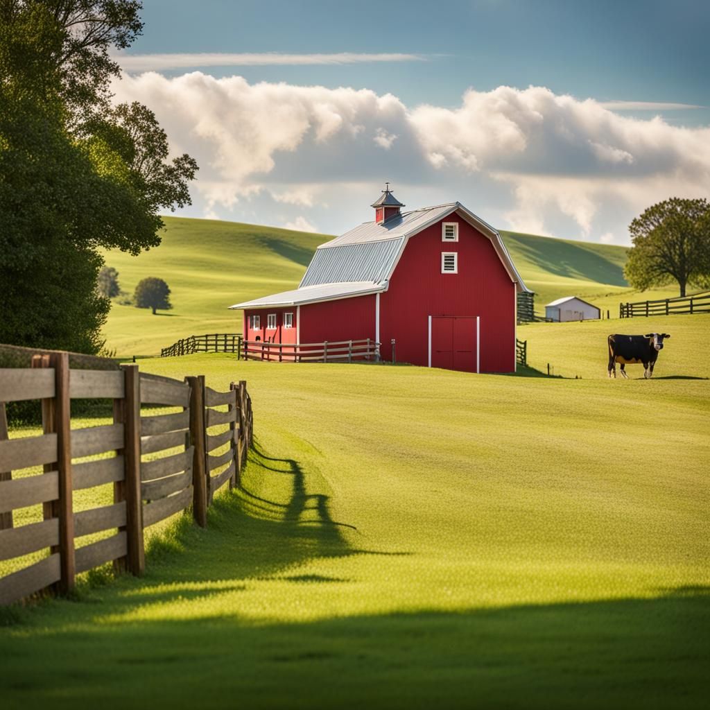 Rural Landscape with Cows and Red Barn