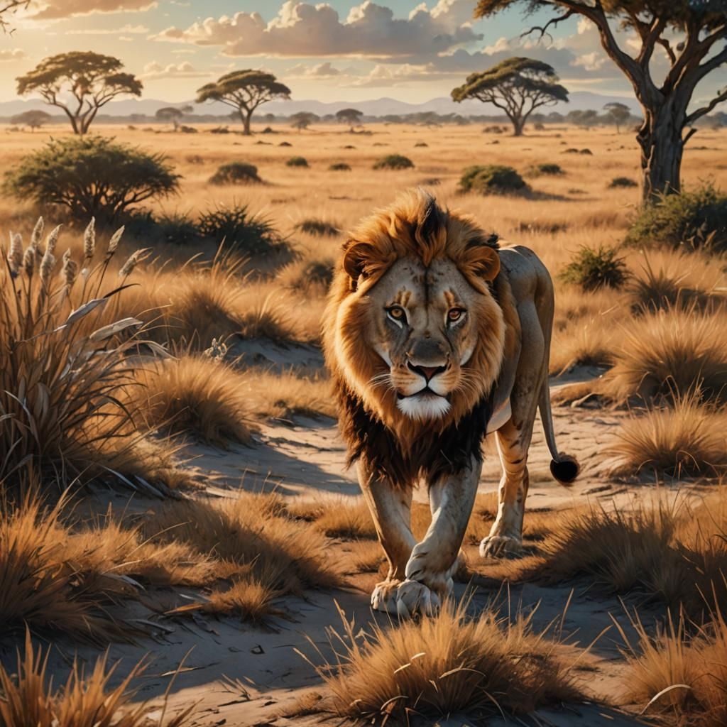 Lion Walking Through Savannah: Digital Concept Art
