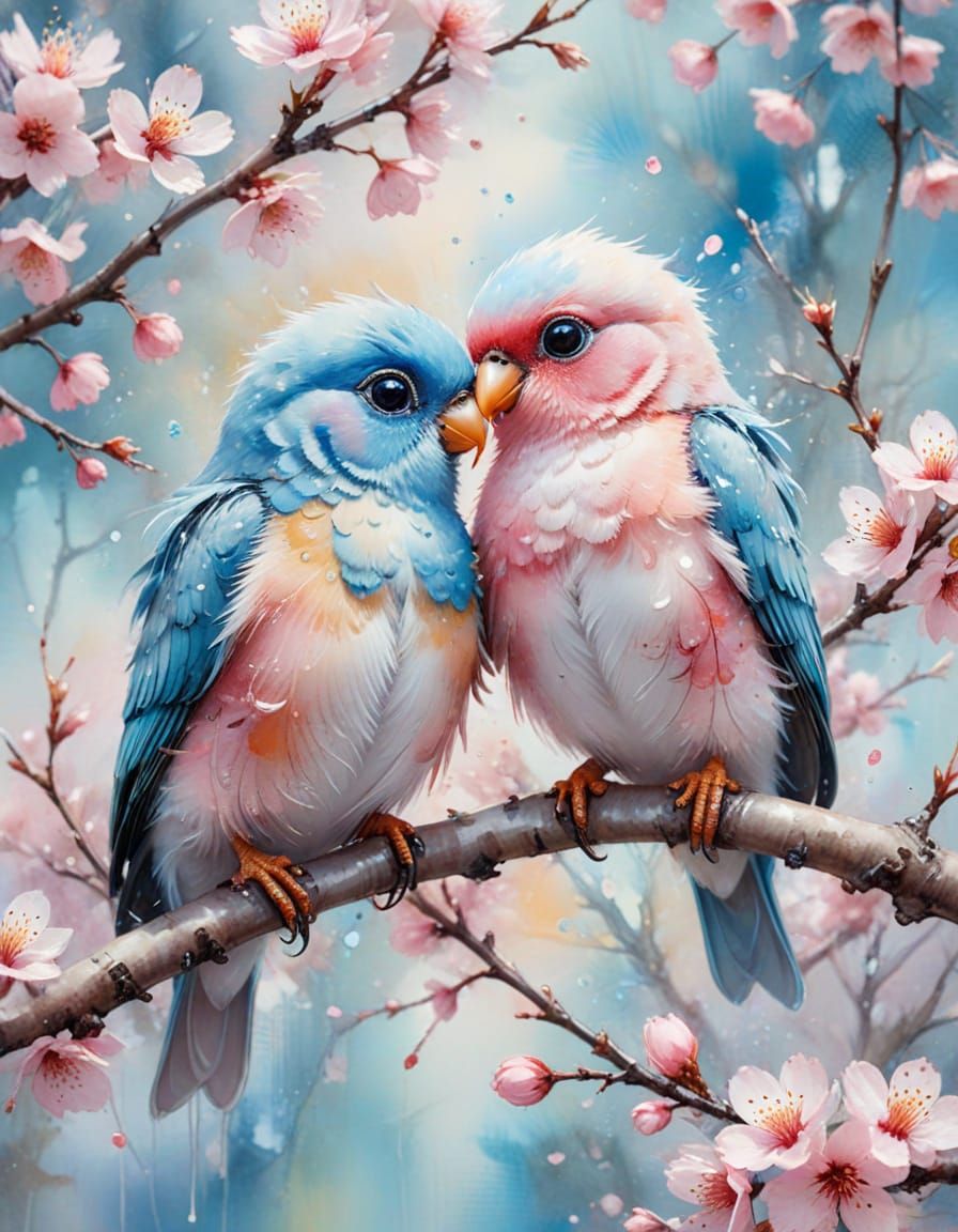 Kawaii Lovebirds on Cherry Blossom Branch in Pastel Watercol...