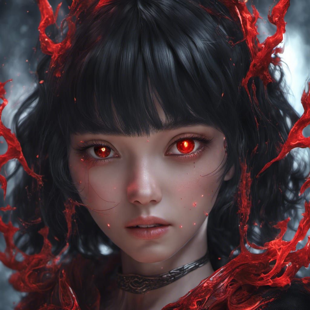 Black Hair Girl with Red Eyes: Fantasy Art