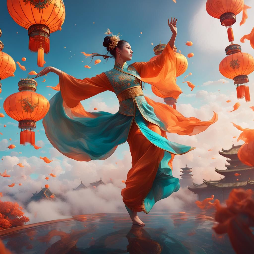 Chinese Dancers in Sky: Hyperdetailed Concept Art