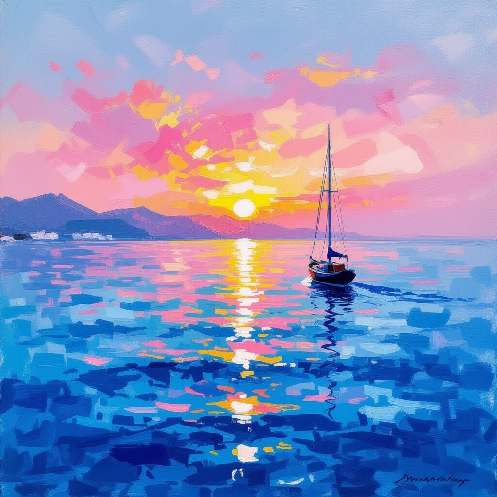 Mediterranean Sunset in Dreamy Watercolor Style