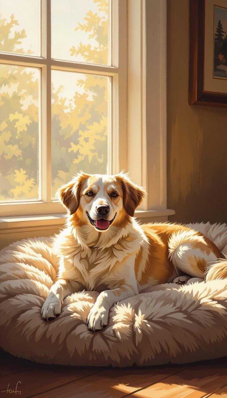 Serene Dog on Plush Bed: Oil Painting by Gurney
