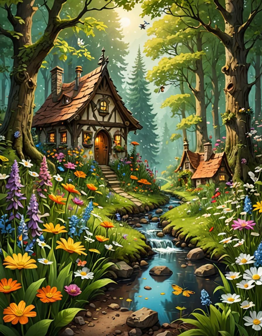 Enchanted Cottage in Forest with Stream and Flowers