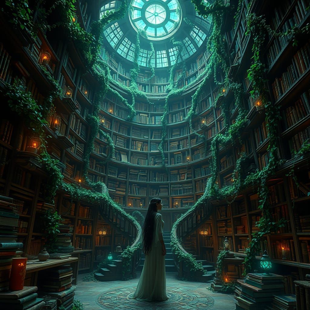 Mystical, Abandoned Library in Eerie, Dreamlike Labyrinth