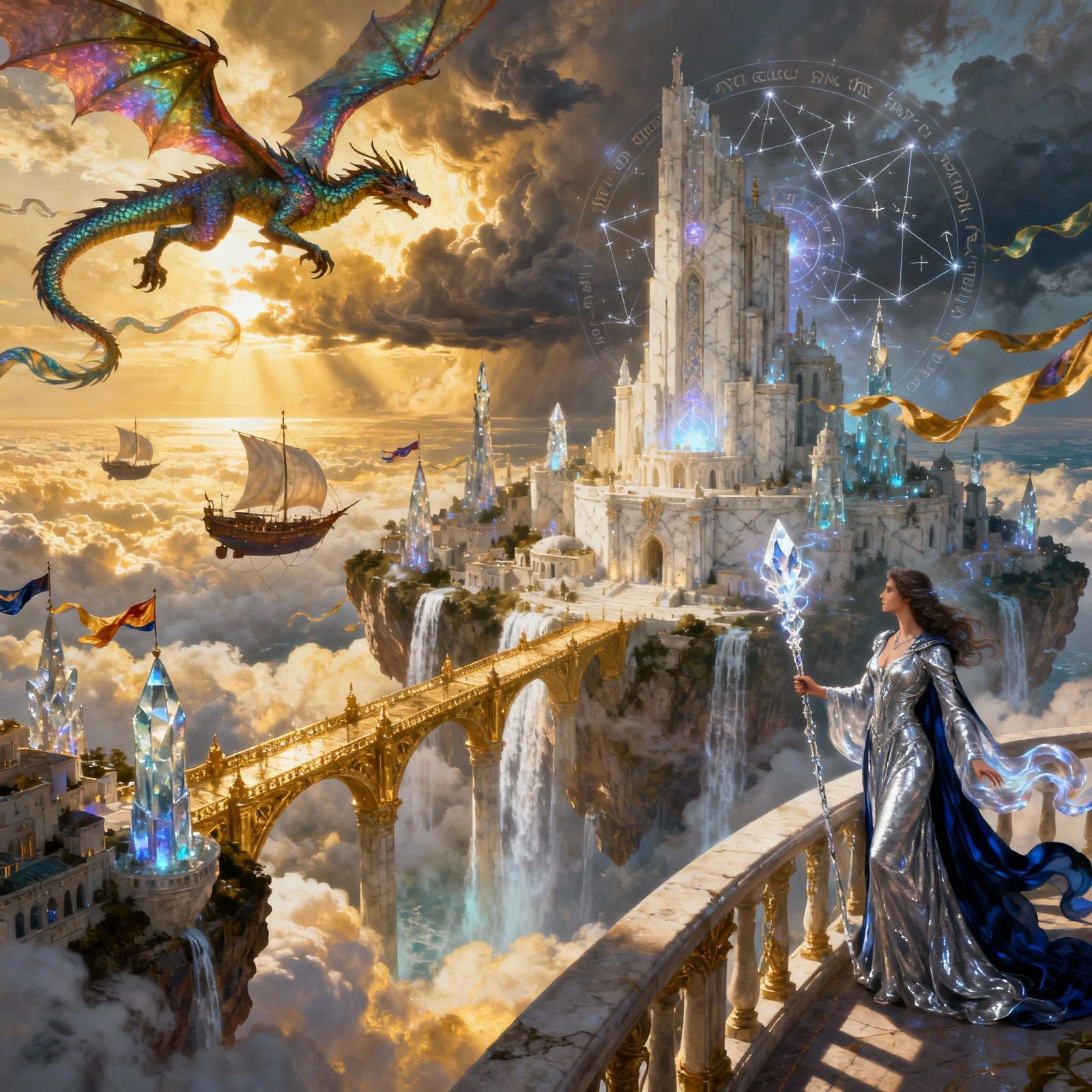 Majestic Floating City in Clouds with Dragons and Sorceress