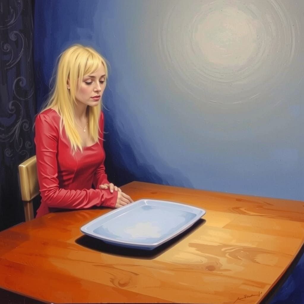 Dejected Woman in Red Dress at Empty Table