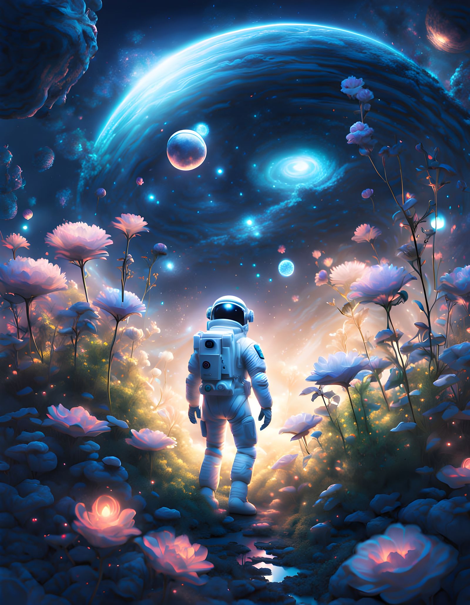 Ethereal Astronaut Tends Glowing Space Garden