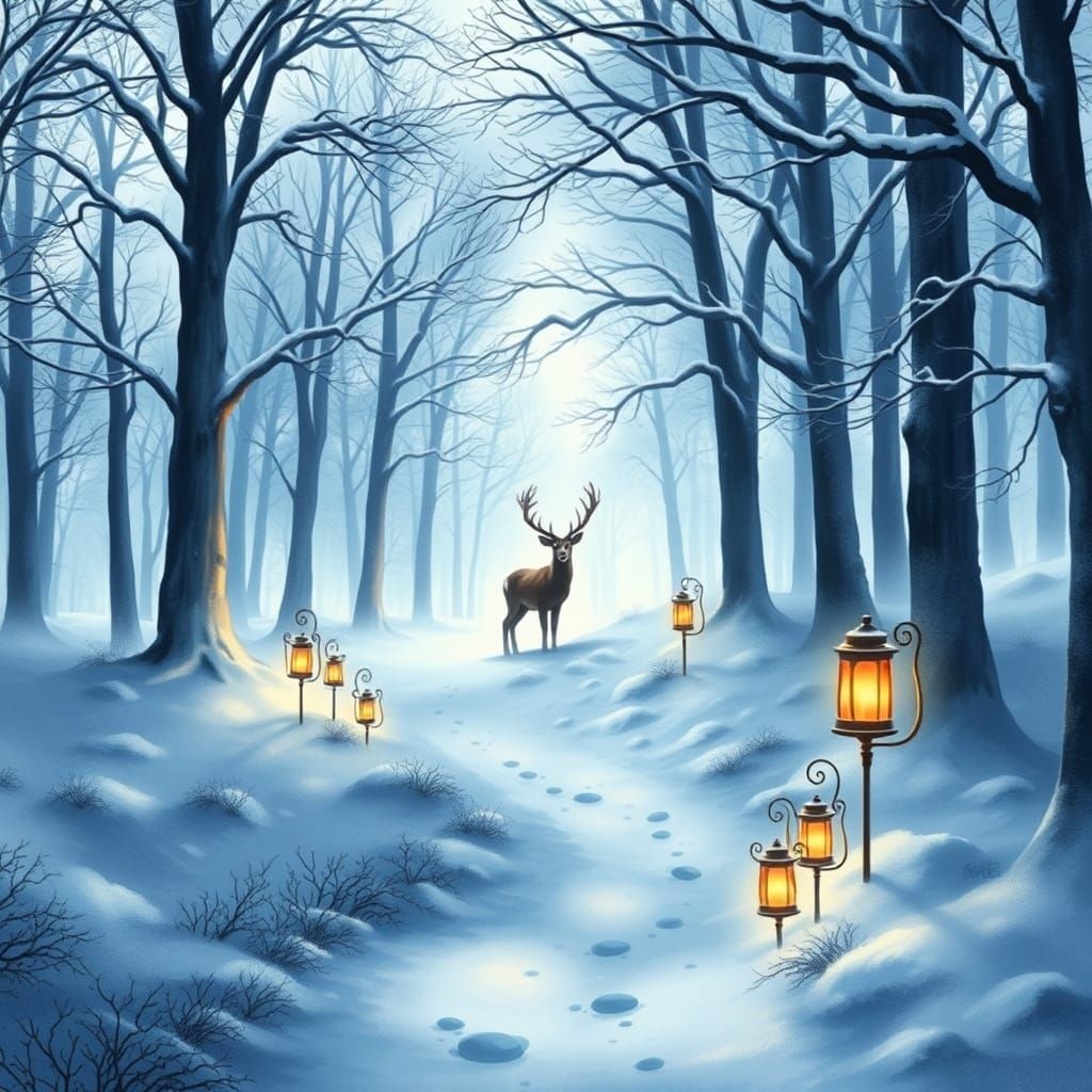 Winter Enchanted Forest with Majestic Deer and Glowing Lante...