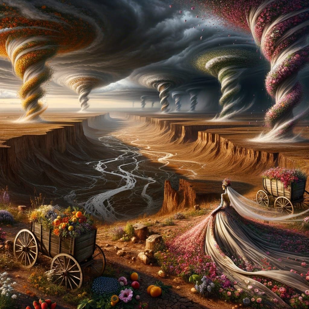 Surreal Deserted Landscape with Floral Tornadoes
