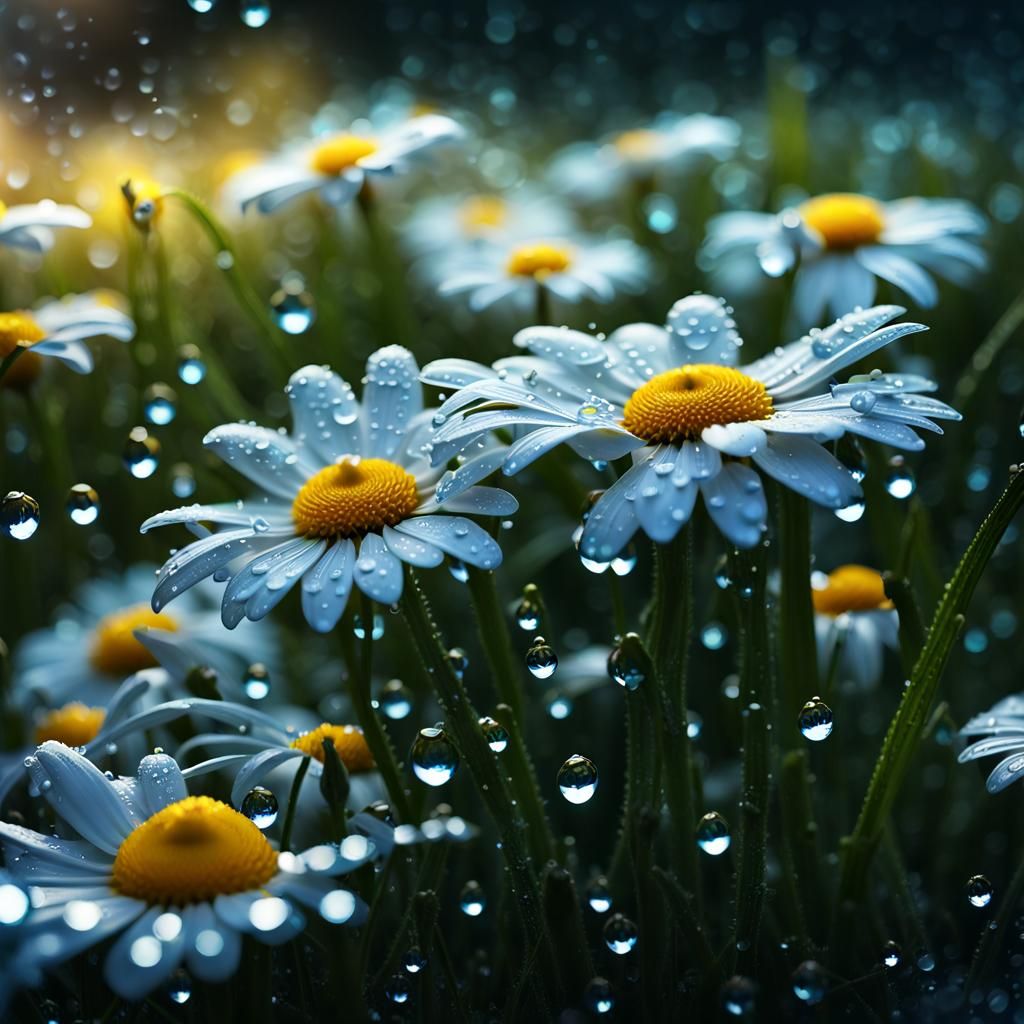 daisies surrounded by dewdrops