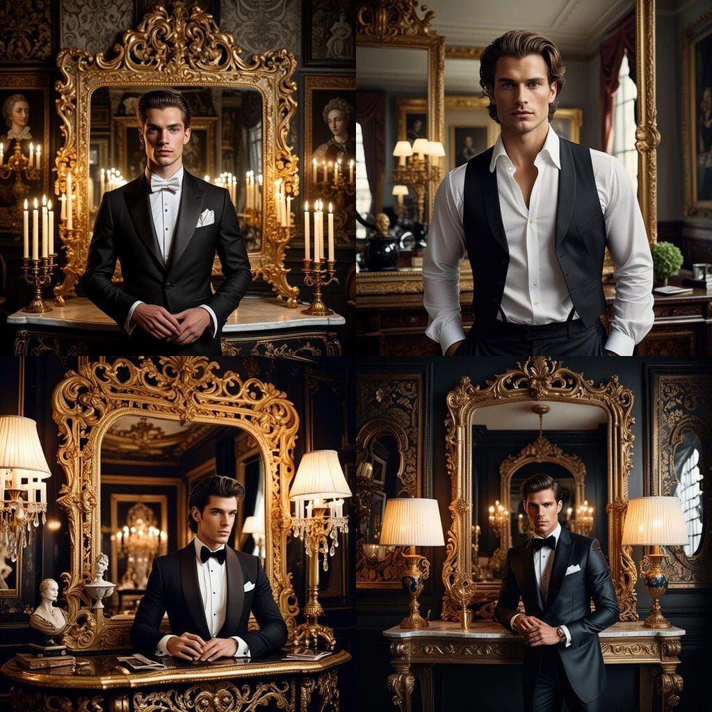 Elegant Young Man Admires His Reflection in Ornate Surroundi...