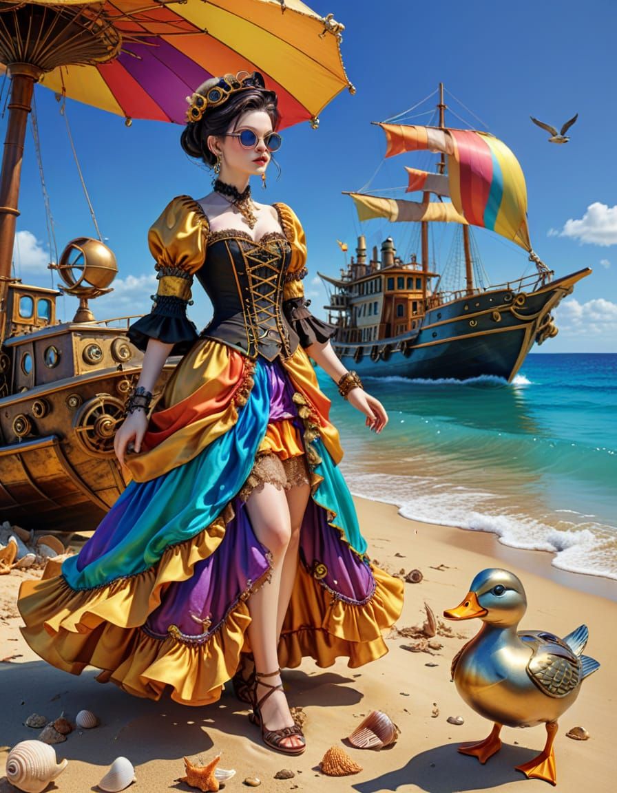 Steampunk Beach Vacation with Witch and Duck